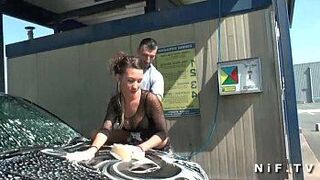 Beautiful french brunette in fishnet anal fucked outdoor at the carwash - porn video