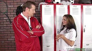 stunning brunette teen gets facialized in the lockerroom - porn video